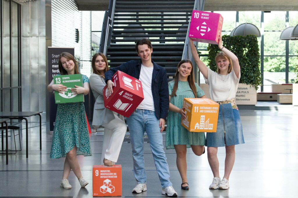 STA-styret som holder bokser som symboliserer FNs bærekraftsmålene